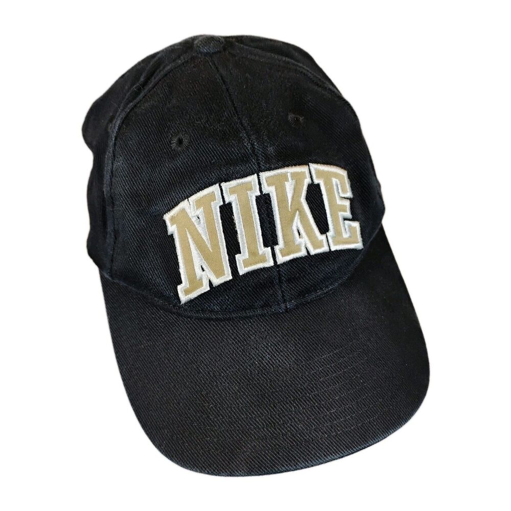 VTG NIKE Large Arched Spell-Out Logo Navy Blue Snapback Hat Ball Cap 80s/90s